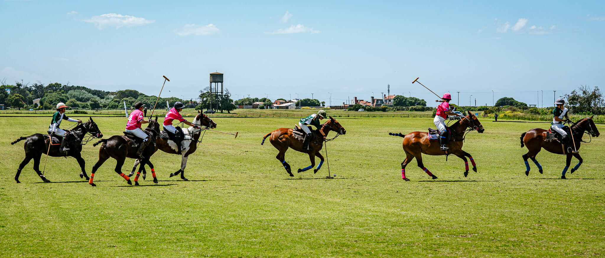 Línea de jugadores de polo a caballo en la cancha
